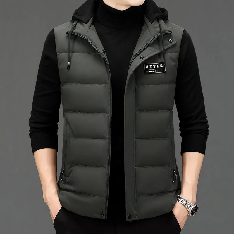 Men's high-waist down jacket vest in black acrylic fabric, front view showing waistcoat design.