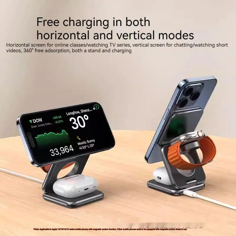Foldable magnetic wireless car phone charger holder in white on car dashboard
