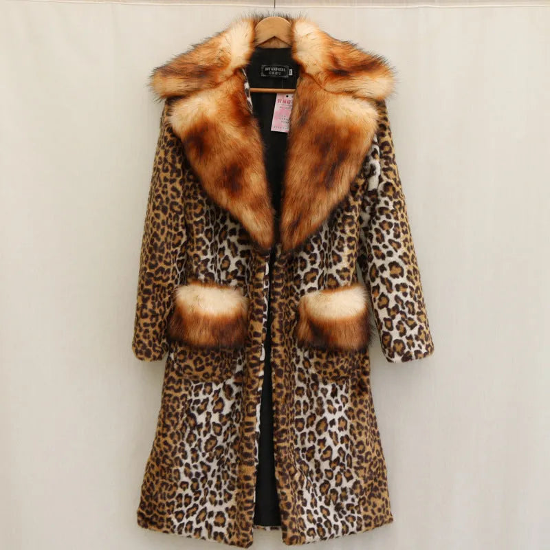 Women's long leopard print artificial fur jacket with regular sleeves, shown in street fashion style.