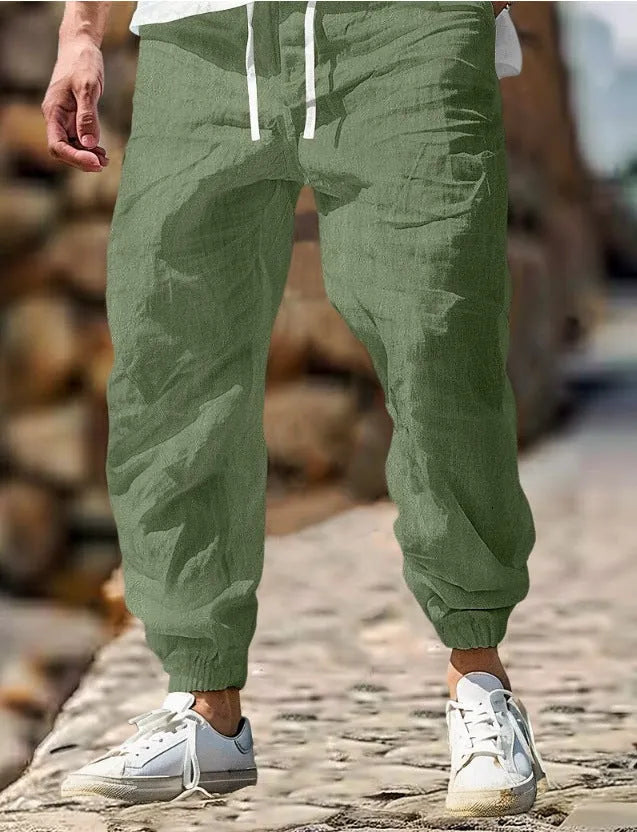 Men's straight-cut summer linen trousers with elastic waistband in cotton fabric available in multiple colours