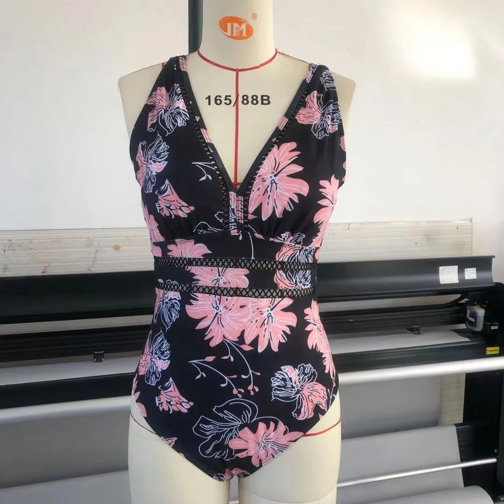 Women's plus size black polyester bikini swimsuit with printing pattern and stitching details