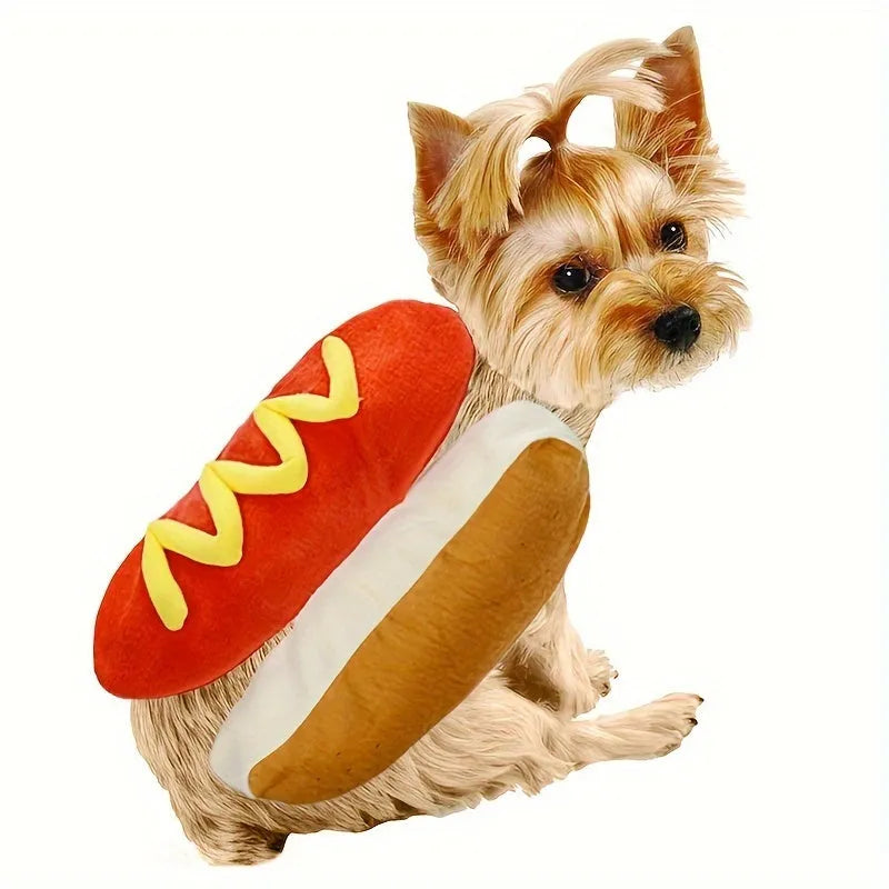 Dog wearing a brown hot dog costume with adjustable belly strap, suitable for dachshunds and small breeds