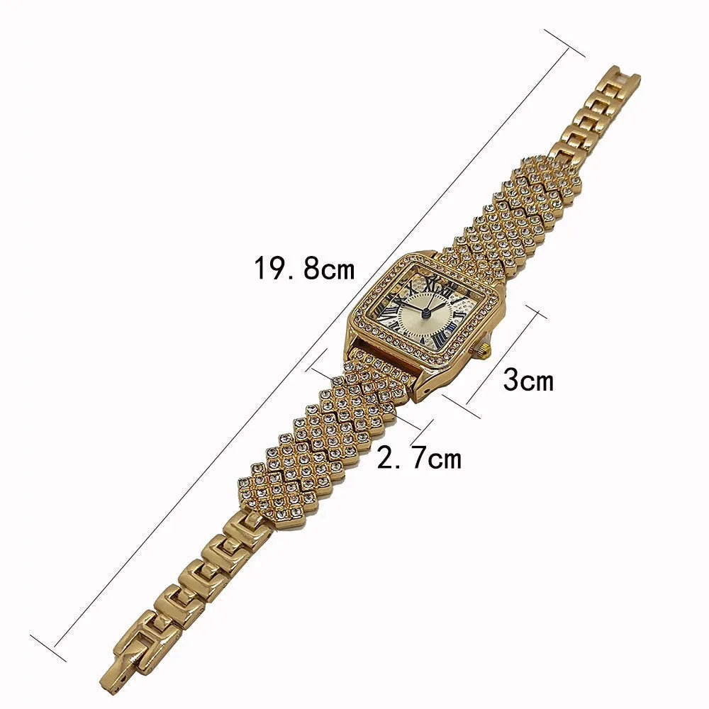 Square full diamond women's quartz watch with alloy band and stainless steel buckle in rose gold finish