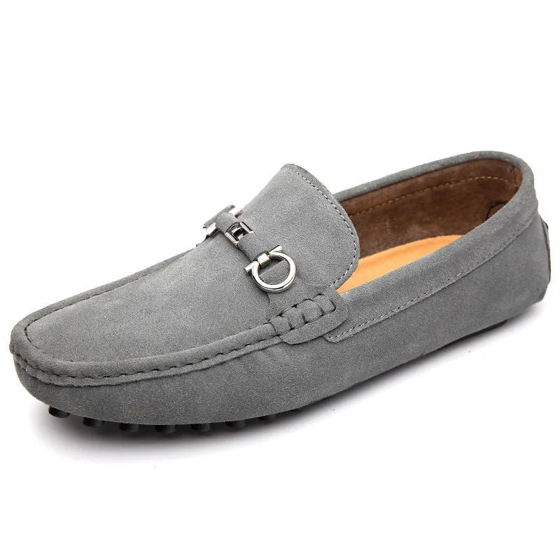 Men's black slip-on cowhide leather shoes with square toe and decorative stitching