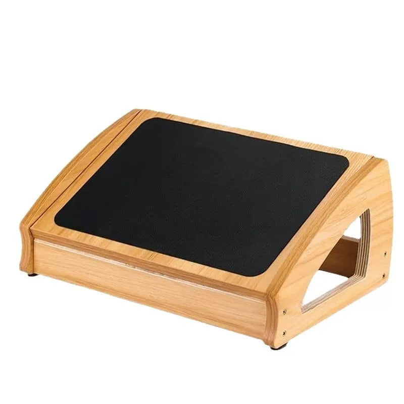Wooden bamboo office desk footstool with minimalist design in natural wood colour.