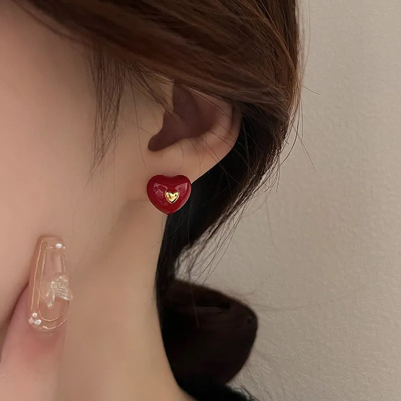 Vintage red heart-shaped copper earrings with oil dripping finish and 925 silver needle post