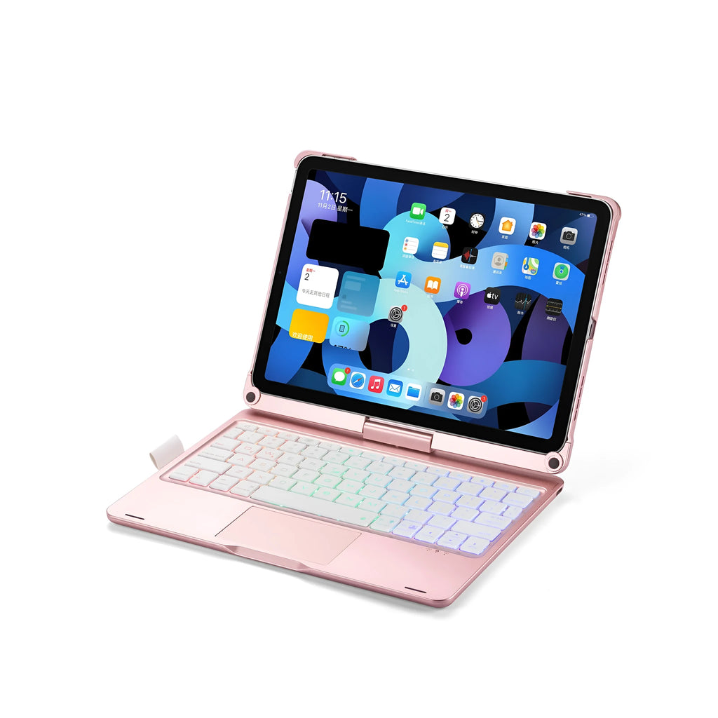 Rotating Bluetooth keyboard with touch backlight showing black, rose gold, and silver colour options