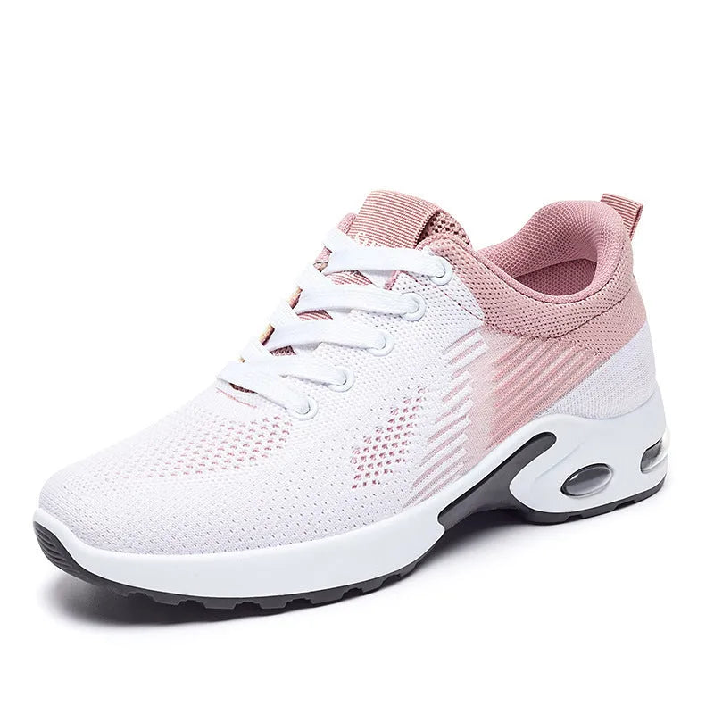 Women's striped Flyknit casual running shoes in pink with a round toe and flat PVC sole.