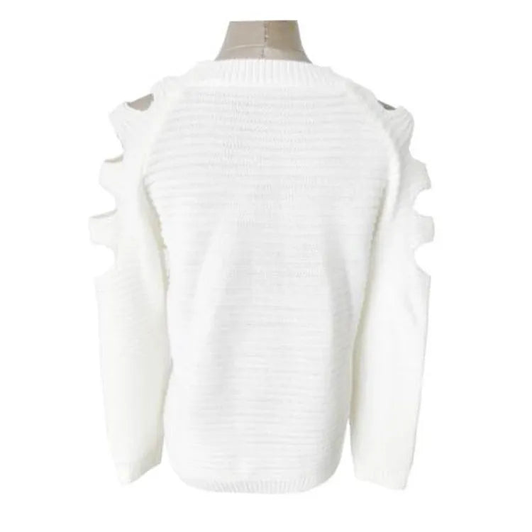 Women's white cotton rabbit fur crochet pullover shirt with hollow-out design and round neck