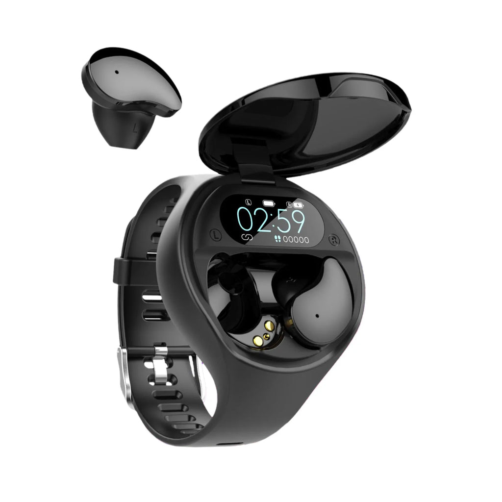 Black detachable smartwatch and Bluetooth headset combo showing fitness tracker bracelet and wireless earphones.
