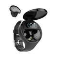Black detachable smartwatch and Bluetooth headset combo showing fitness tracker bracelet and wireless earphones.