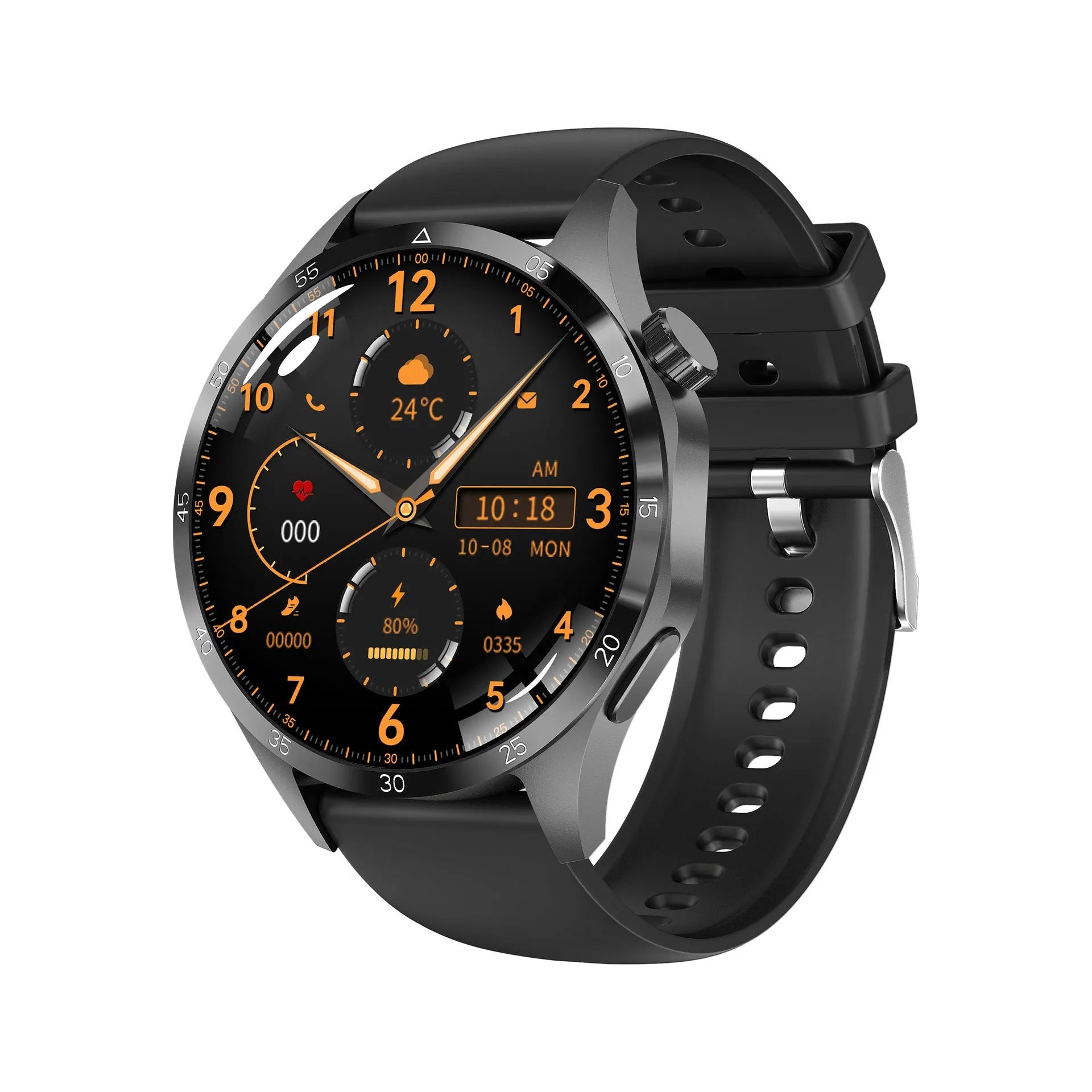 Black Bluetooth smartwatch with TFT touch screen shown with silicone and Milan net strap options.