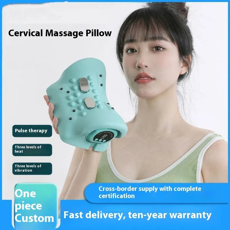Blue-green EMS hot compress massage pillow for shoulders and neck