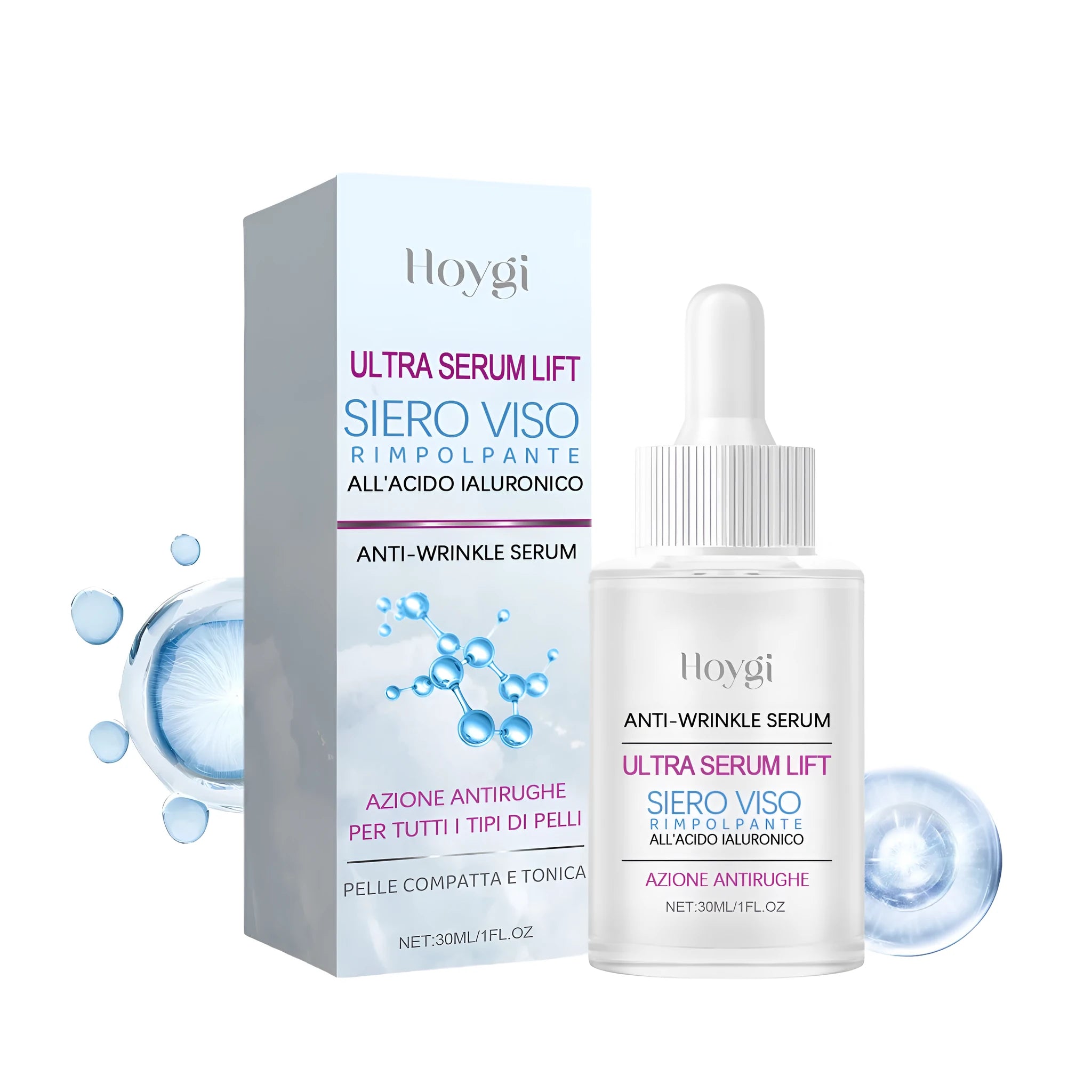30ml bottle of clear hyaluronic acid anti-wrinkle serum essence on a white background.