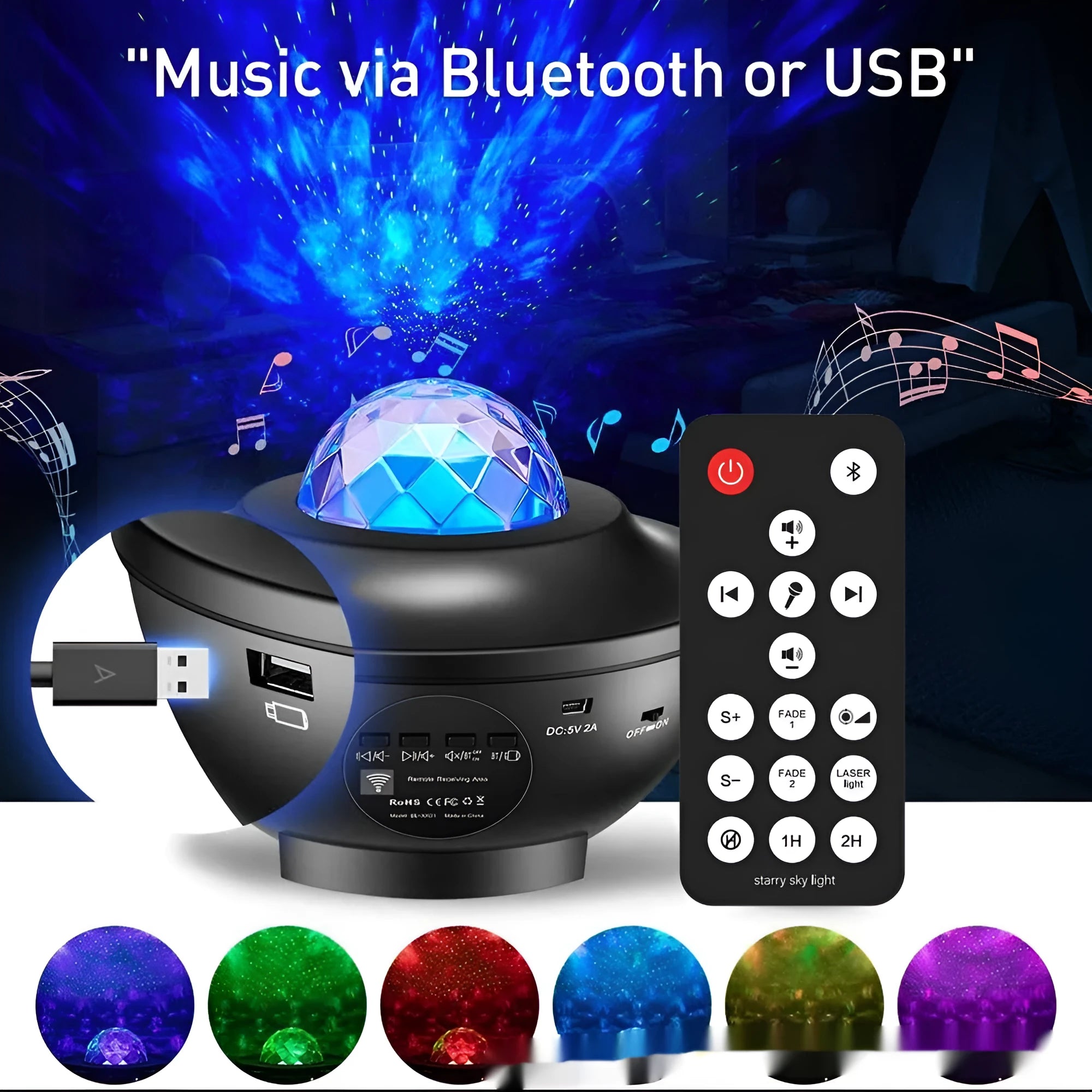 Black-parallel starry sky projection lamp with rotating water ripple laser effects and Bluetooth connectivity