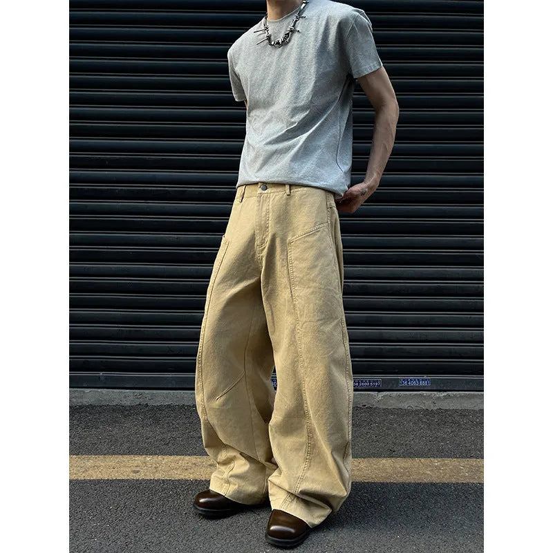 Men's khaki straight leg cotton casual trousers shown in solid colour with straight leg silhouette