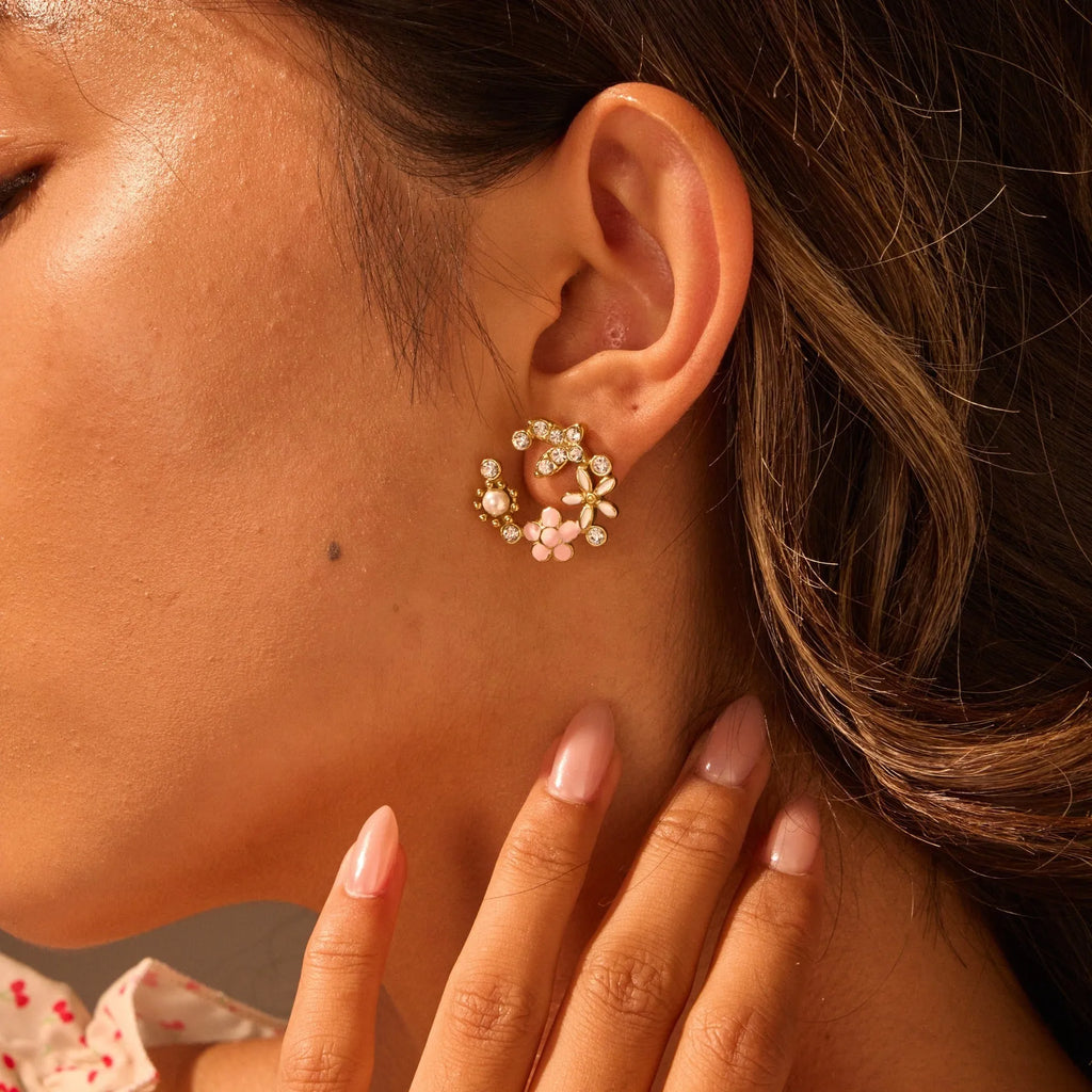 Flower stud earrings with petal design in gold electroplated finish on stainless steel