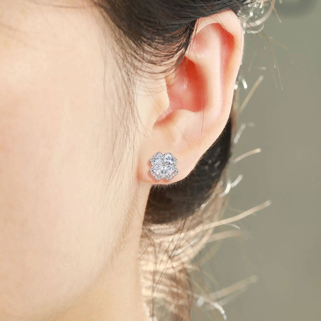 925 silver heart-shaped earrings with white gold colour finish and zircon stone inlay featuring four-leaf clover design