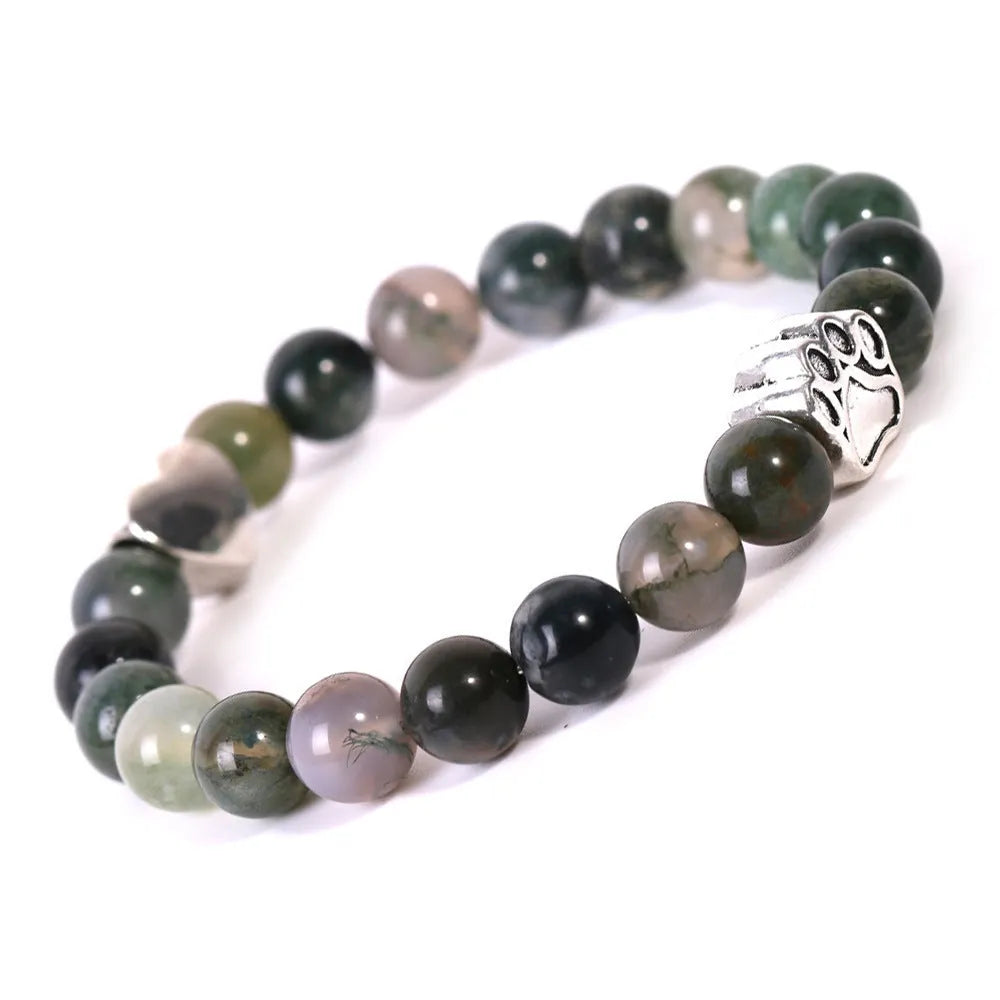 Indian agate dog's paw bracelet with love heart charm made from natural tigereye stone beads