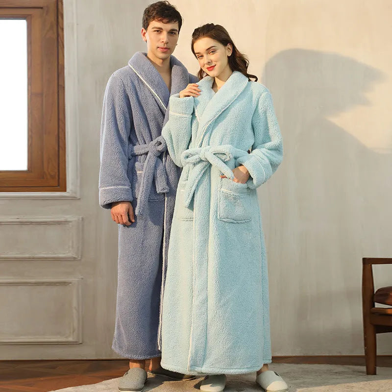 Winter bathrobe in thick polyester flannel fabric showing colour options and plus size fit for cold weather sleepwear