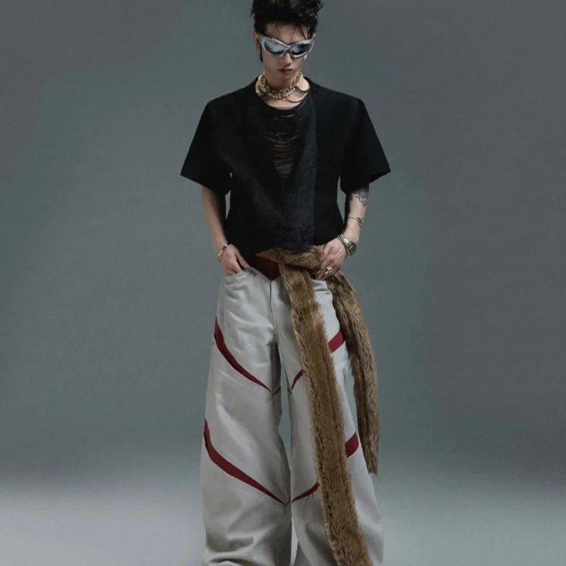 Men's black polyester T-shirt with hollow out V-neck and tassel details in loose fit style
