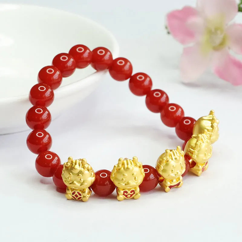 Red agate bracelet with Five Blessing Dragon carvings on 8mm beads