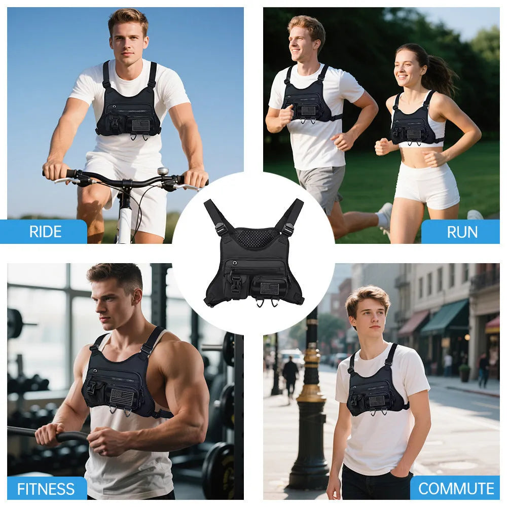 Men's black outdoor sports chest bag in a vest style, made from Oxford cloth.
