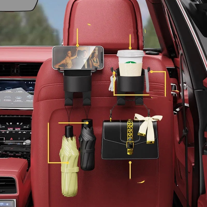 Black plastic car seat back organiser with cup holder and hook
