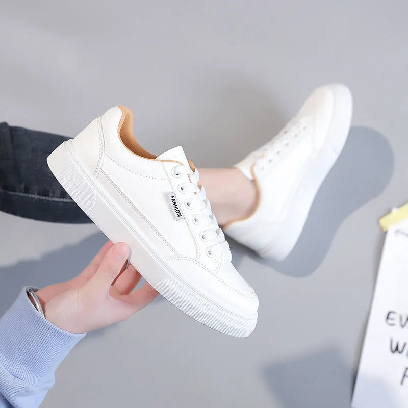 Korean-style white and brown low-top sneakers with artificial PU uppers and plastic soles
