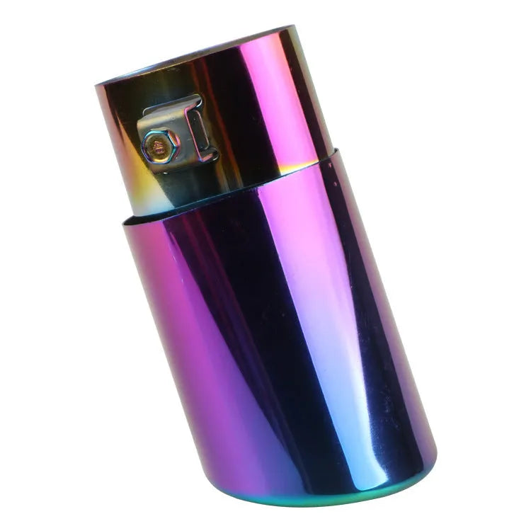 Stainless steel car exhaust tailpipe in blue finish, shows straight and curved style options.
