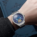 Men's mechanical watch with transparent case back showing movement, stainless steel strap with butterfly buckle