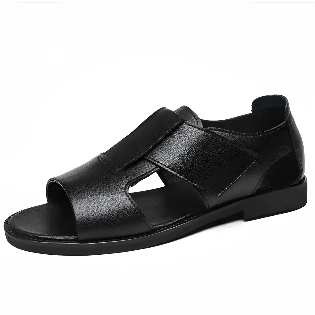 Men's black leather Roman sandals with open-toe design and rubber sole