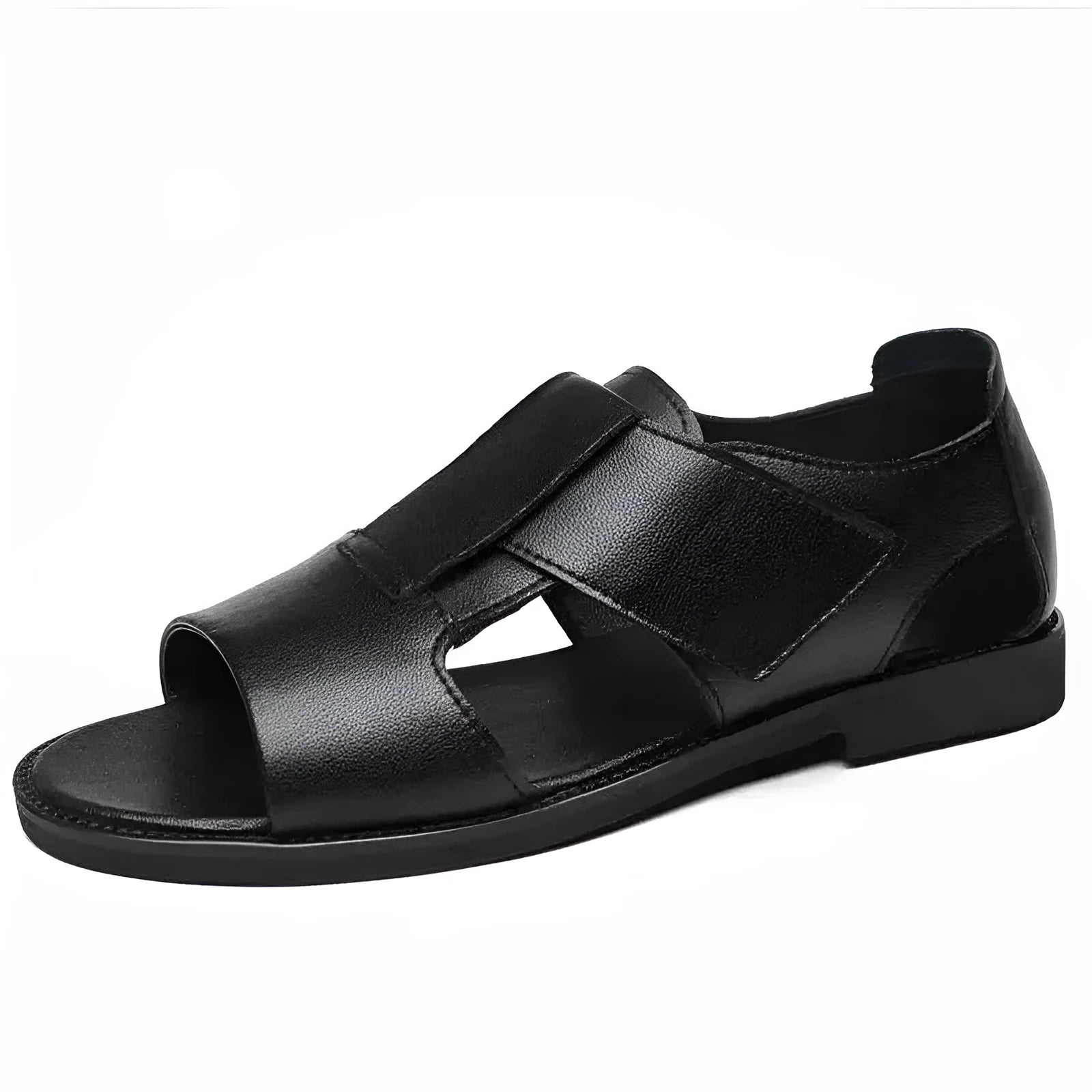 Men's black leather Roman sandals with open-toe design and rubber sole