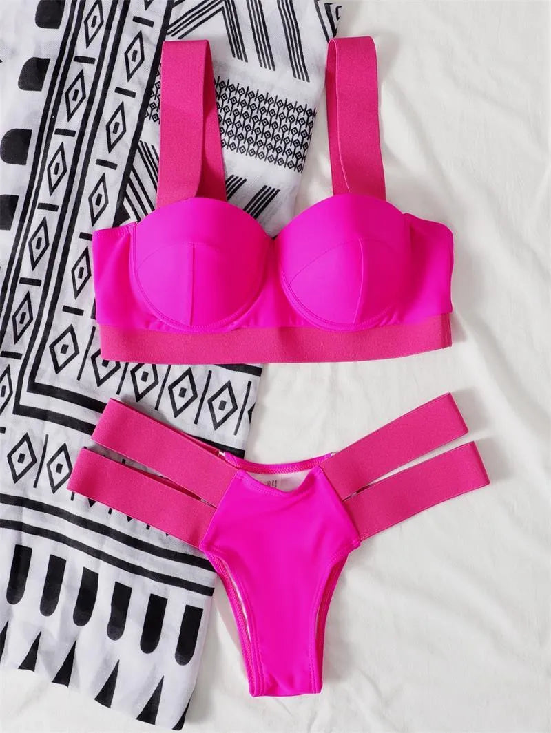 Women's bikini swimsuit with steel push-up board in nylon fabric, showing colour options