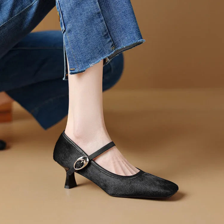 Women's black square toe stiletto heels with horse hair upper and ankle strap buckle
