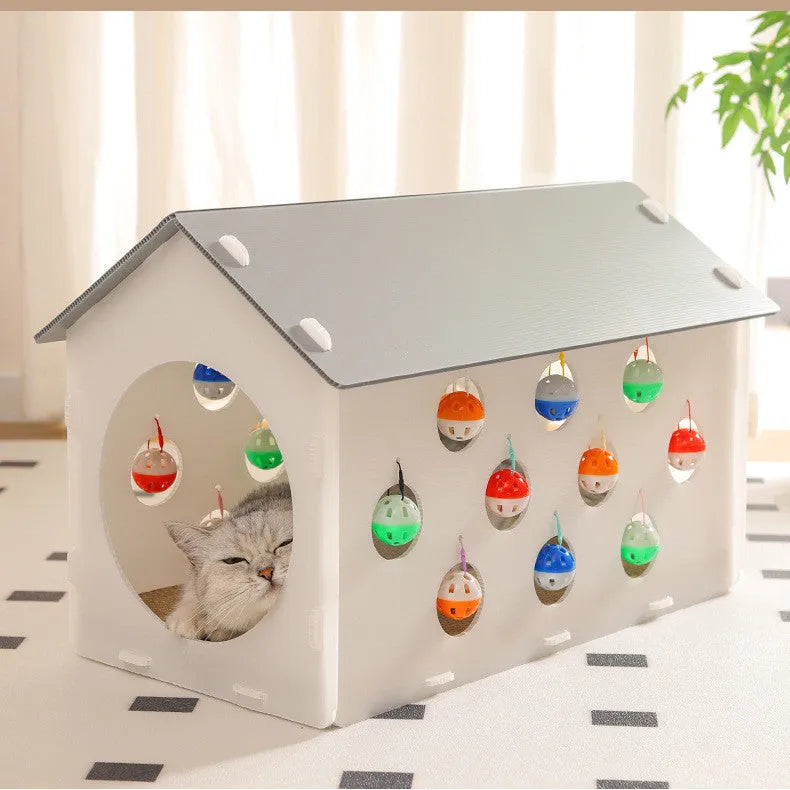 Plastic cat scratch board integrated with nest section and bell ball tunnel toy
