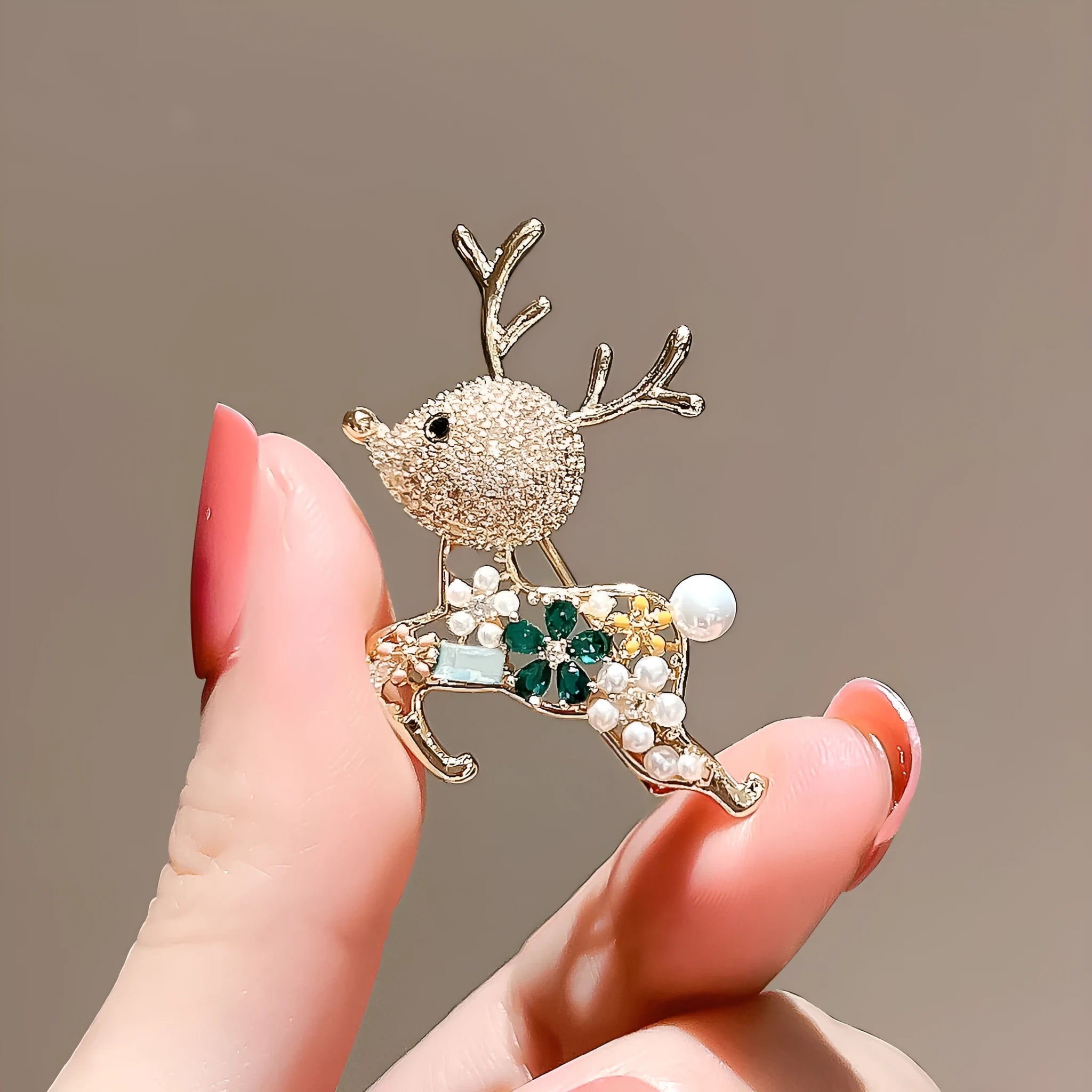Cute deer alloy brooch with floral shape and cartoon deer in 371 Sika Deer colour