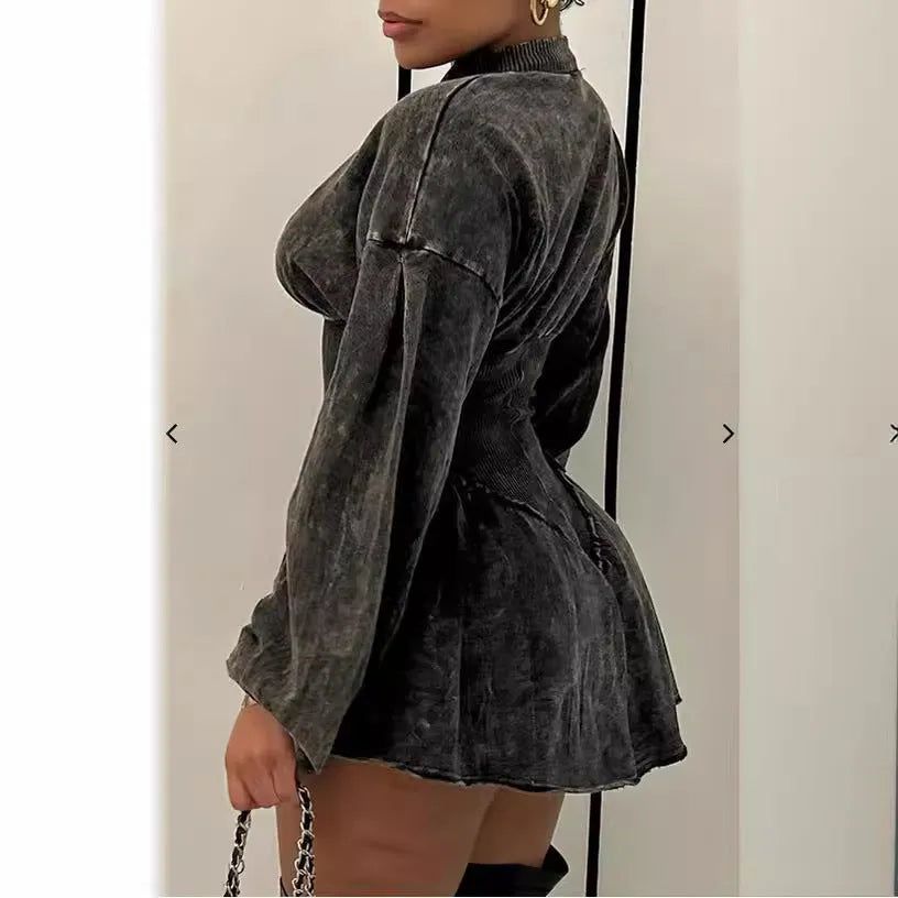 Grey slim-fit A-line dress with digital printing, drawstring waist, and long sleeves.