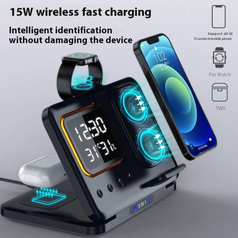 Black and white 5-in-1 wireless charging station with phone, watch and headphone docks, LED clock display