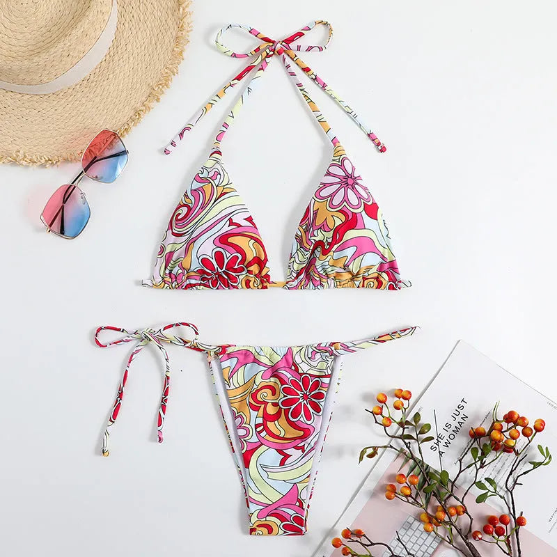 Women's multicolour triangle print bikini swimsuit with separate system and hanging neck design