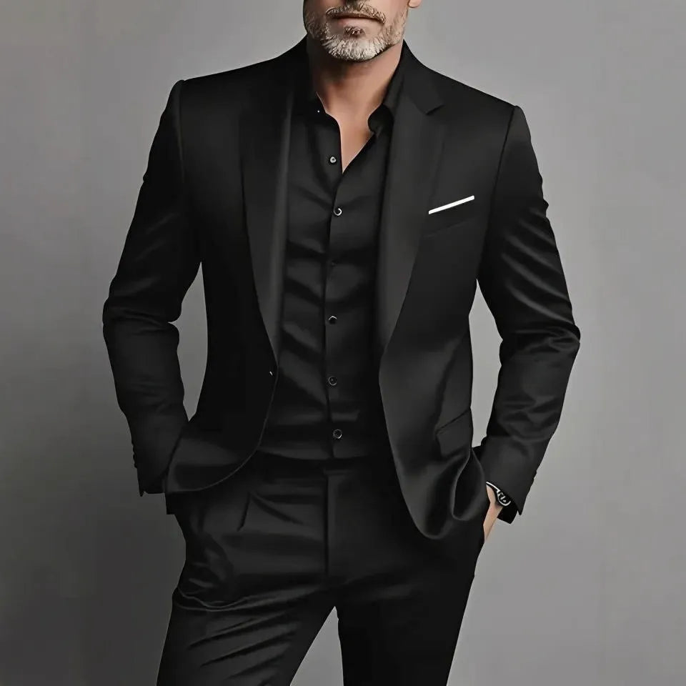 Men's slim fit cotton blend two-piece suit set in black with jacket and trousers on a hanger