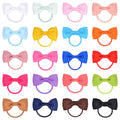 80 piece set of tiny multi-coloured grosgrain ribbon hair bows and matching soft elastic bands for babies and toddlers.