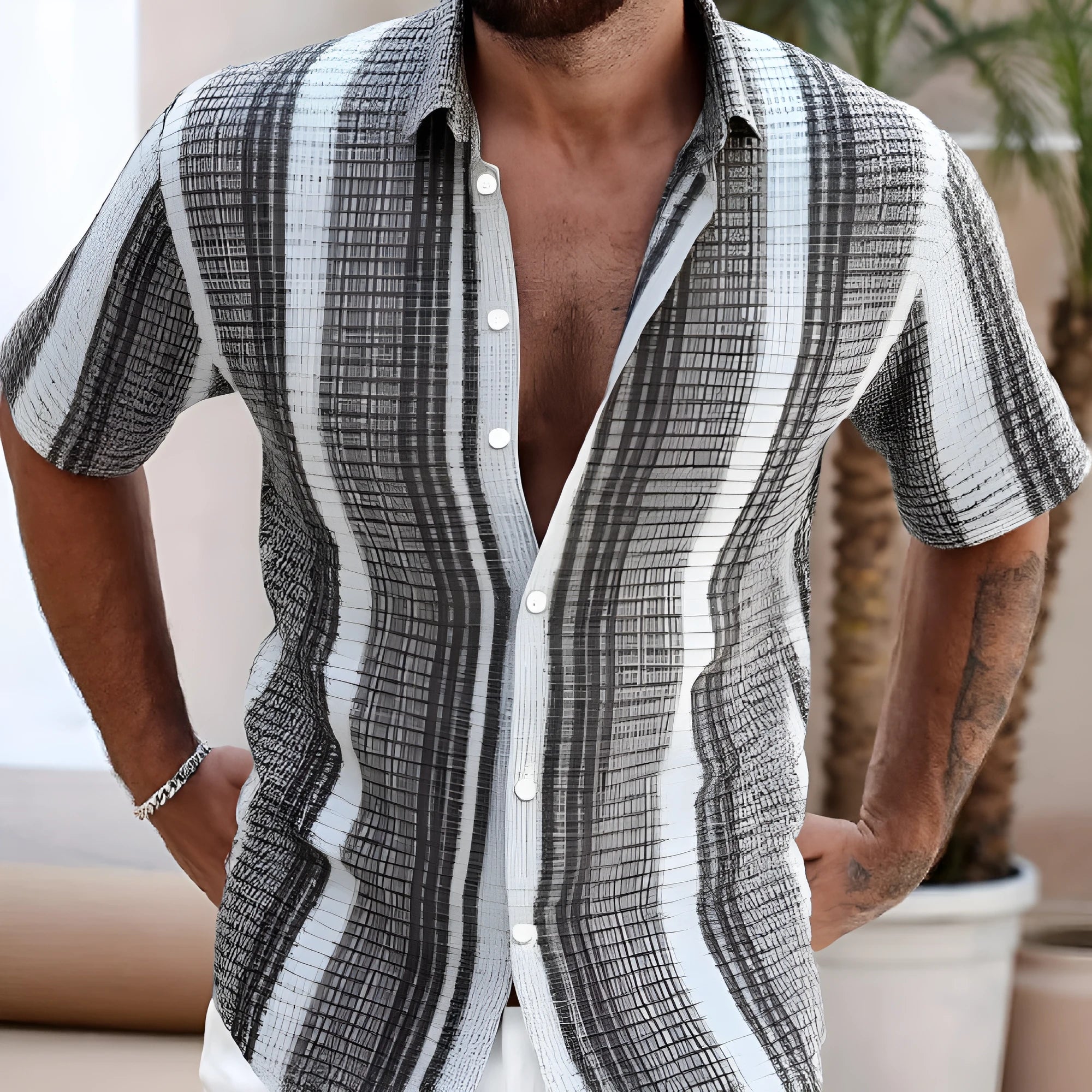 Men's slim fit short sleeve shirt with 3D floral pattern in lightweight polyester fabric