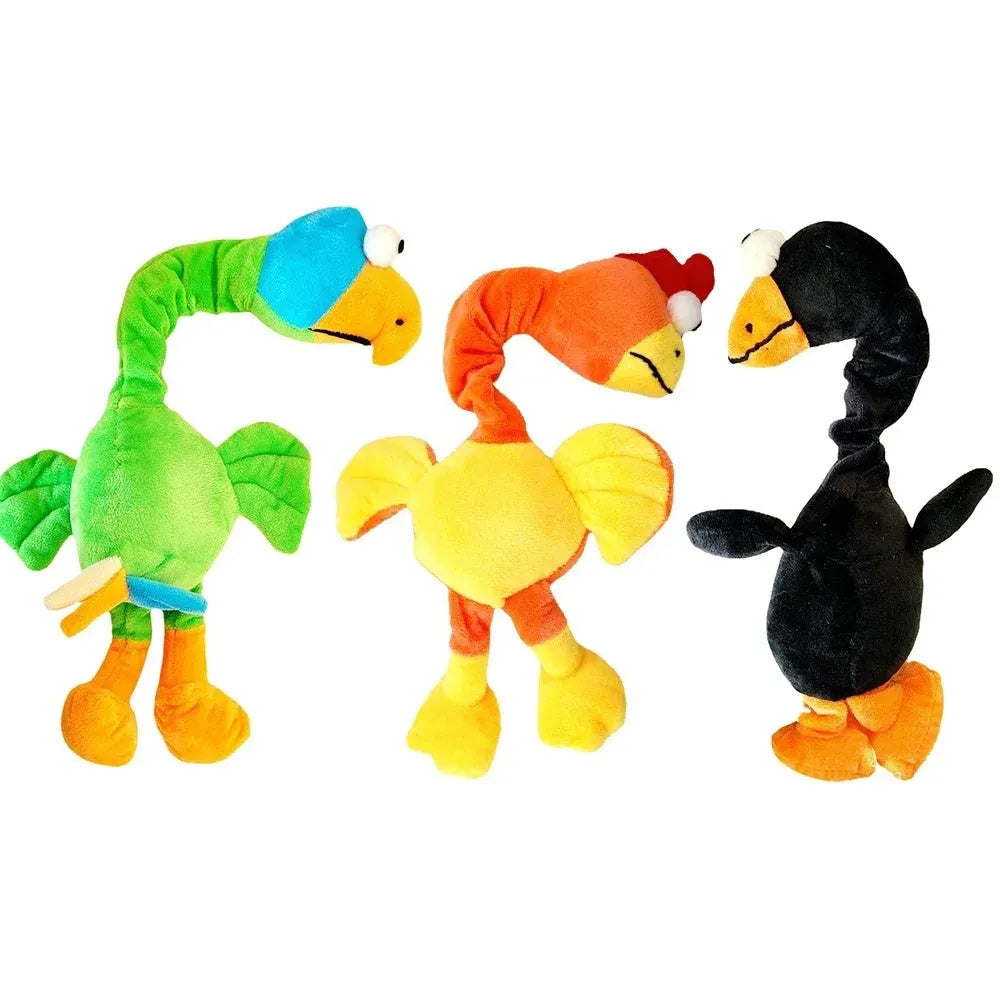 Screaming chicken dog toy in black, green or orange colours with squeaker