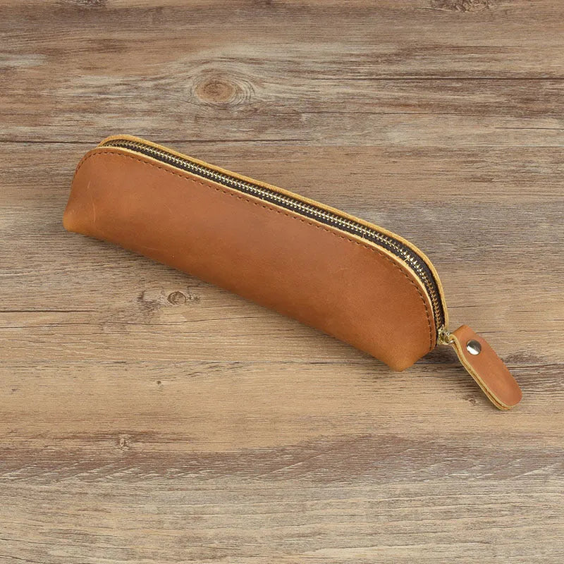 Square brown genuine cowhide leather pencil case with zipper closed