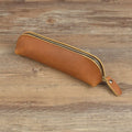 Square brown genuine cowhide leather pencil case with zipper closed