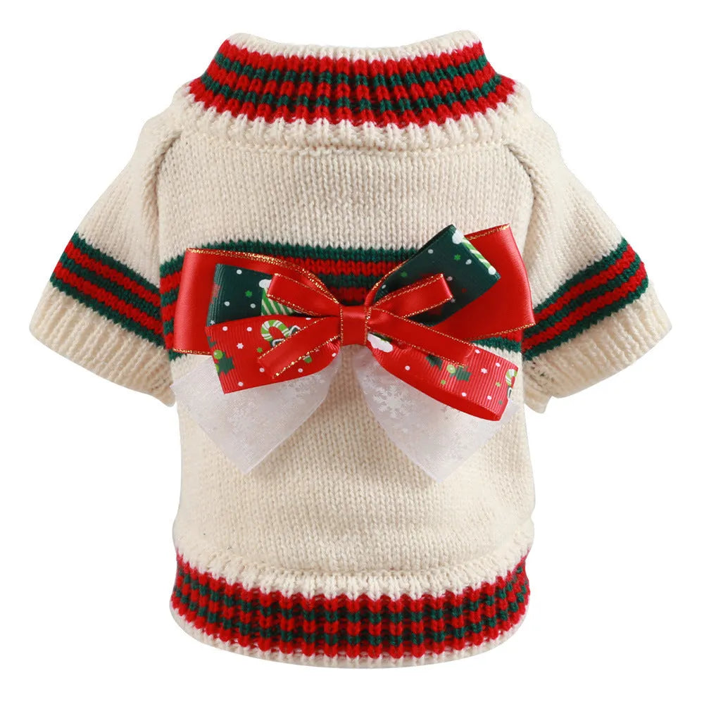 Red Christmas sweater for a small dog on a festive background, showing the 'Merry Christmas' print and pullover style.