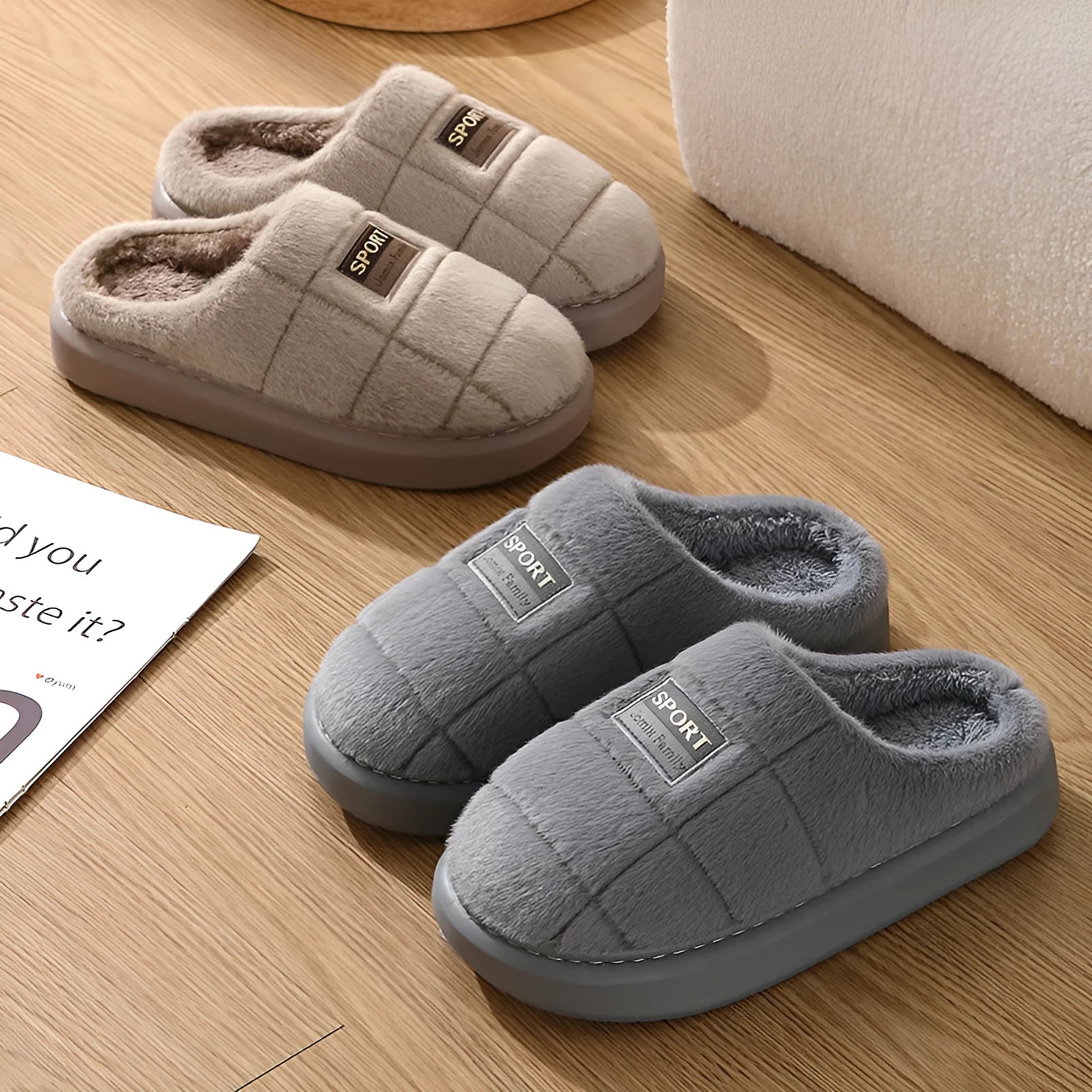 Men's grey and brown plaid rabbit hair slippers with a thick sole and wool lining