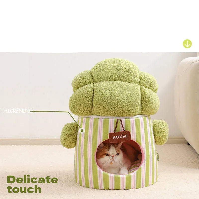 Green cauliflower-shaped enclosed pet house with a tree hole entrance and removable cushion for a small dog or cat.