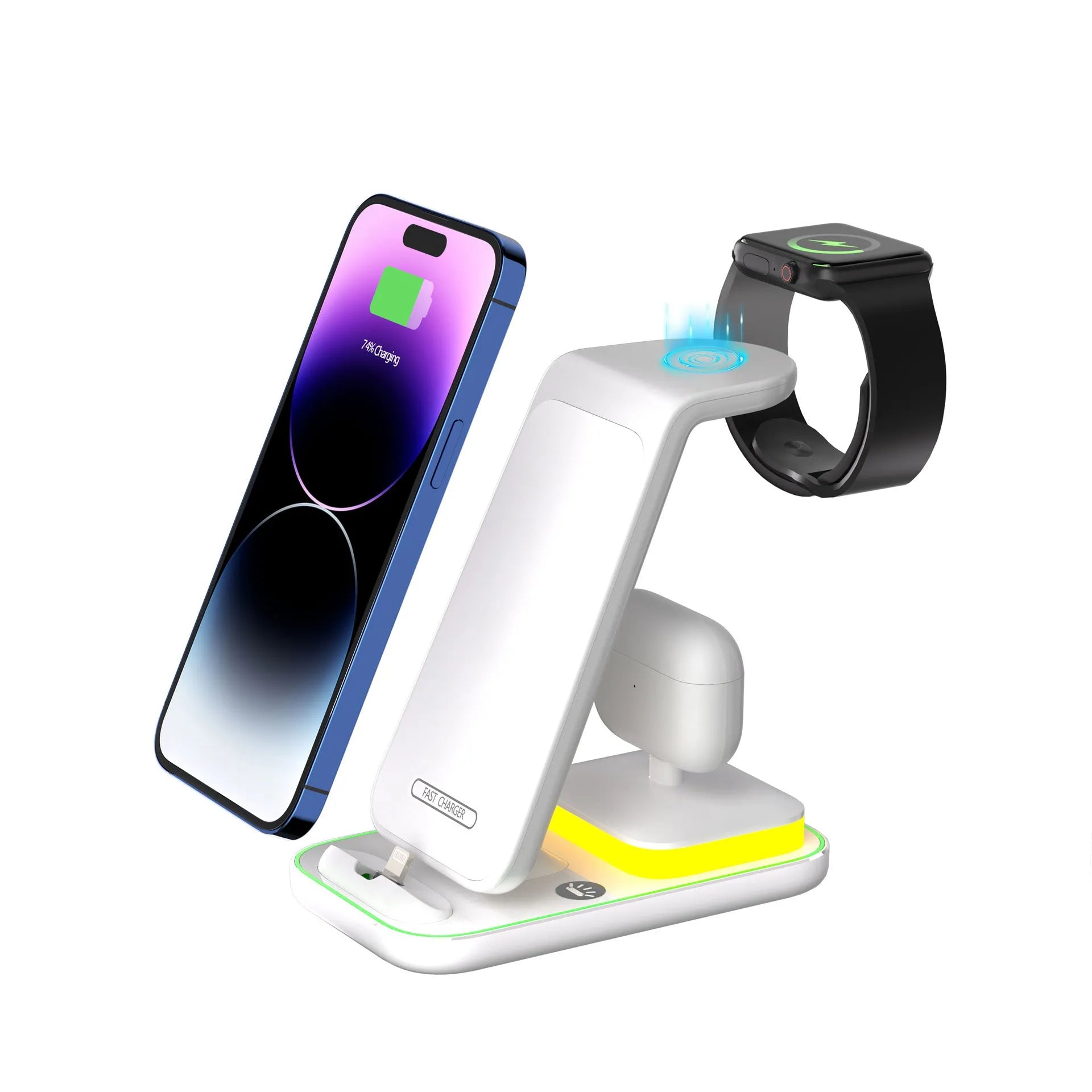 Black vertical wireless charging stand holding a mobile phone, smartwatch, and earbuds.